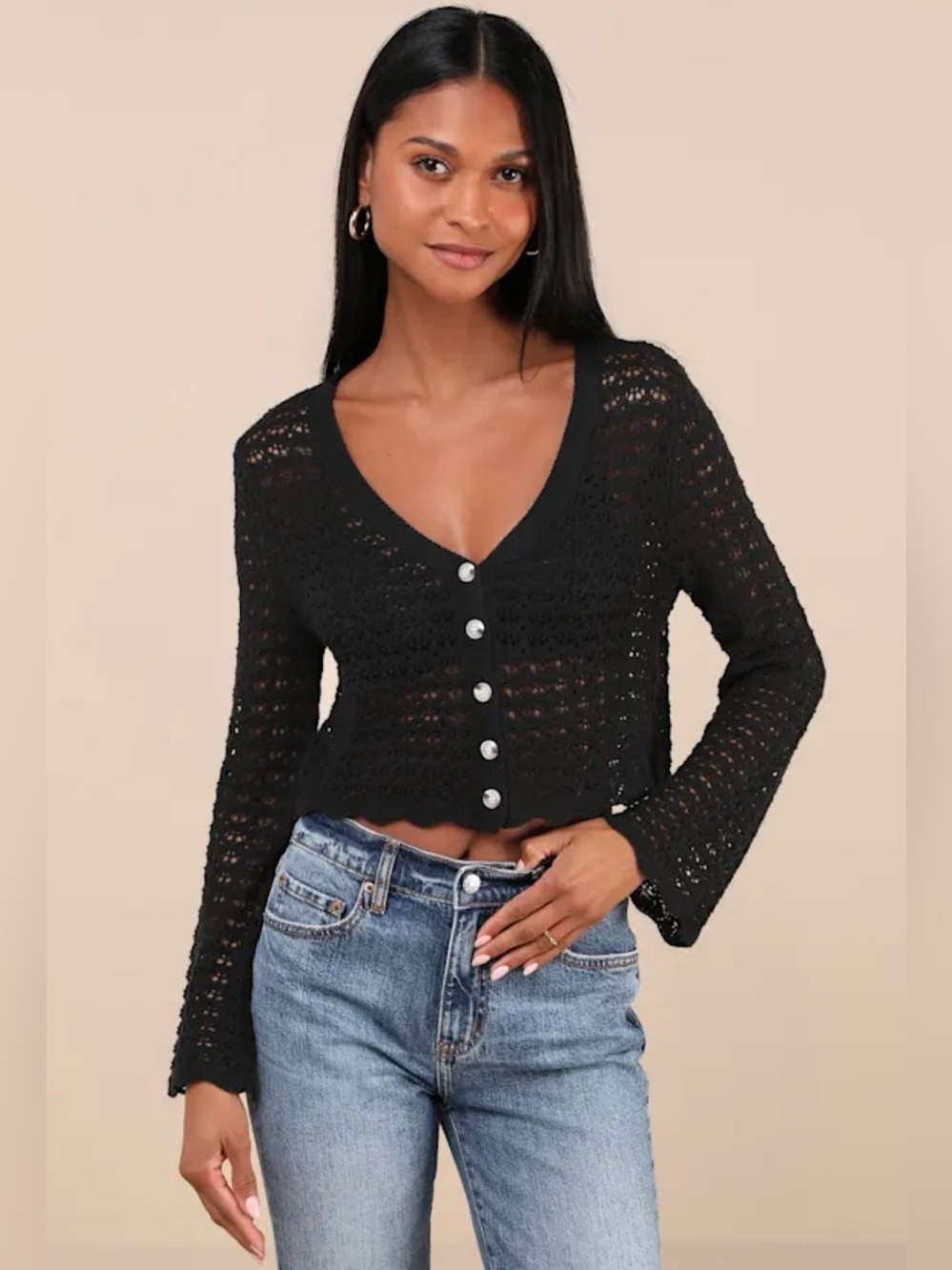 Lulu’s black Stellar Sweetie Black Pointelle crochet Cropped Cardigan lg